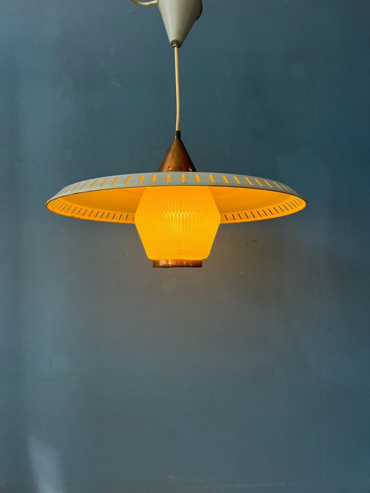 Vintage Louis Kalff Enamel Opaline Glass Pendant Lamp