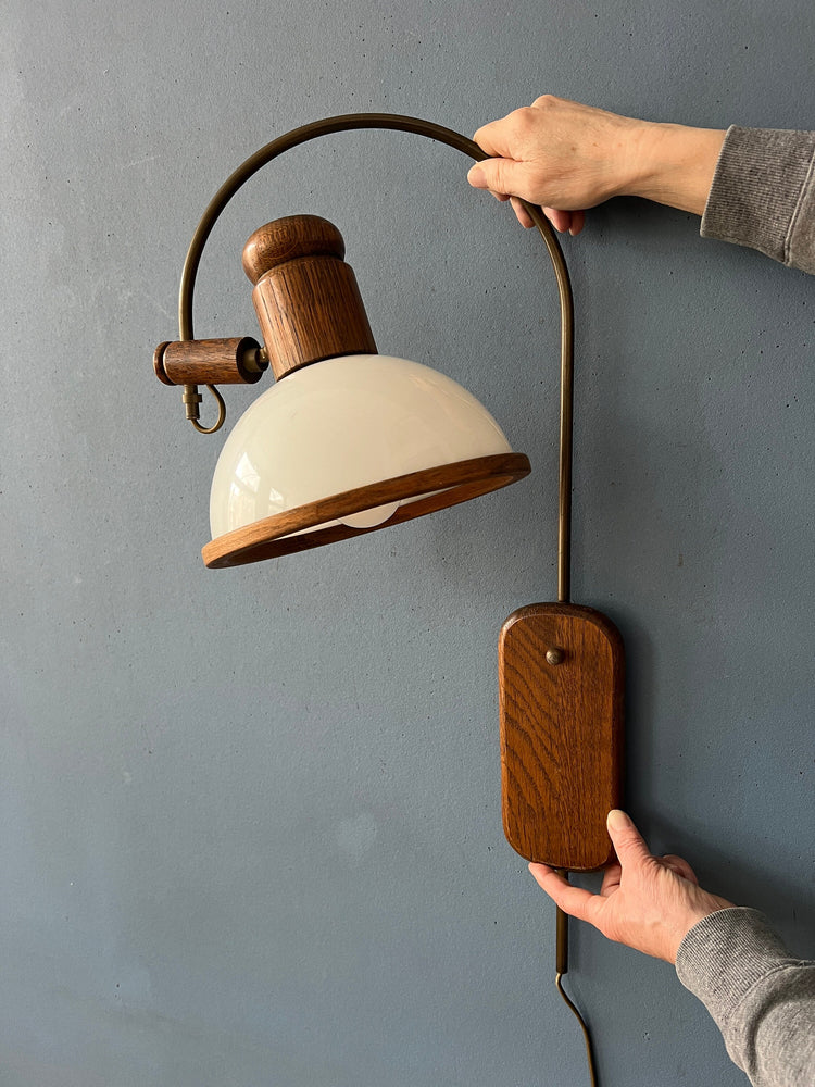 Flexible Steinhauer Mushroom Arc Wall Lamp with Wooden Frame and Plexiglass Shade