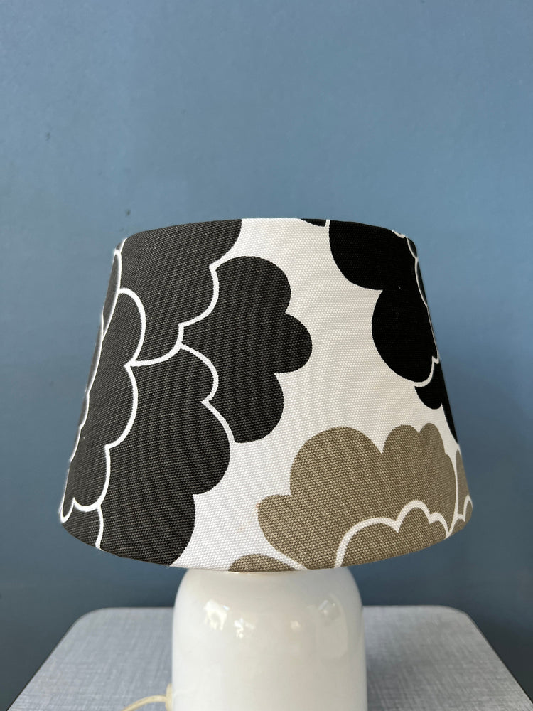 Small Space Age Table Lamp with Porcelain Base and Black and White Flower Shade