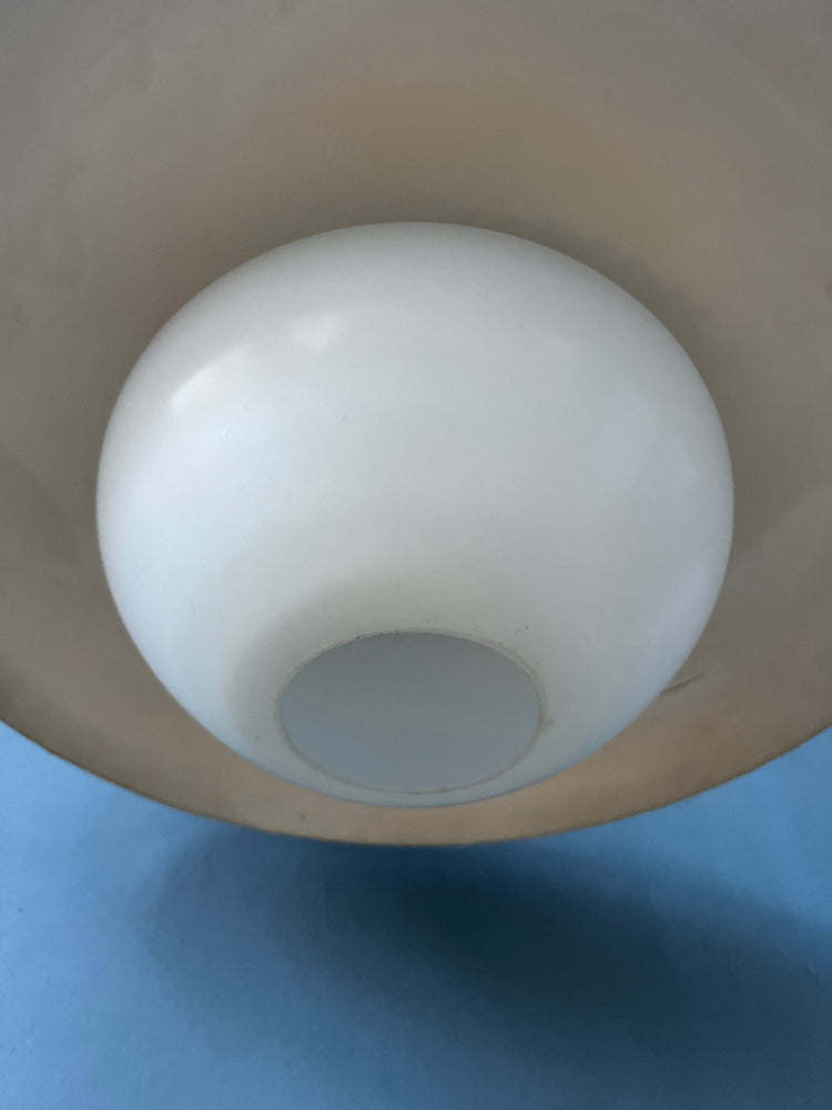 Vintage Louis Kalff Style Philips Pendant Lamp with Red Metal UFO Frame and Opaline Glass Shade