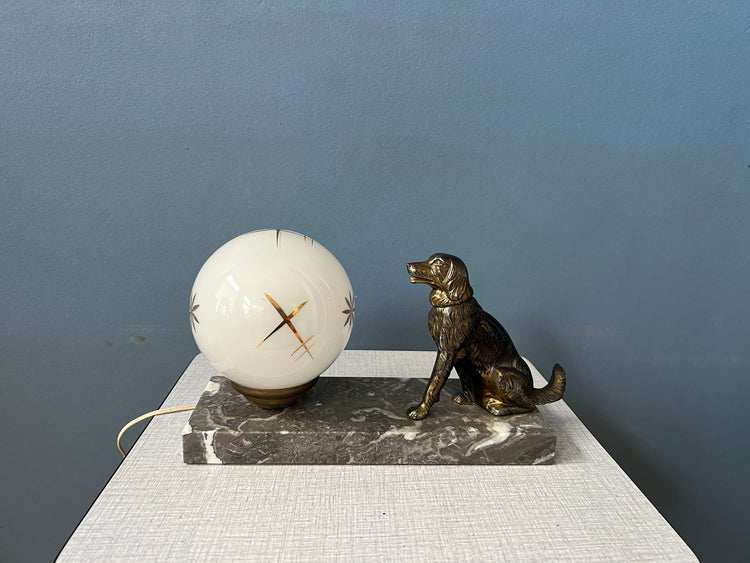 Art Deco Table Lamp with Opaline Glass Moon Shade and Dog Figure