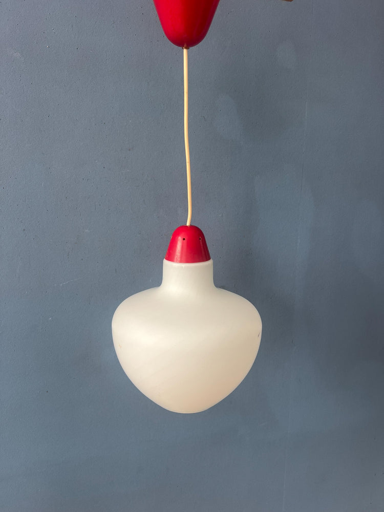 Mid Century Milk Glass Pendant Lamp with Red Top and Ceiling Cap