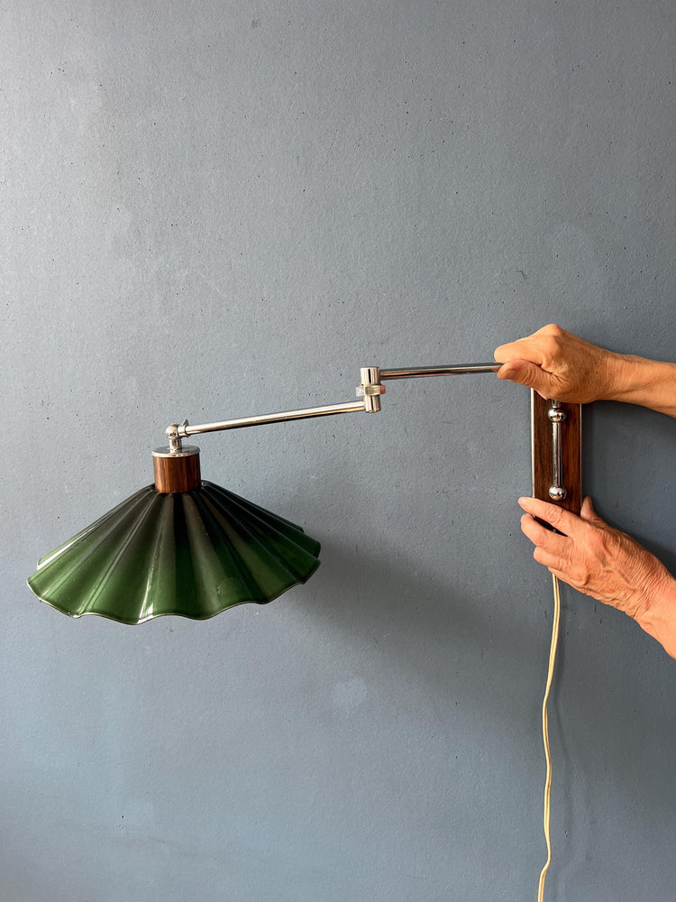 Mid Century Swing Arm Wall Lamp with Green Glass Shade