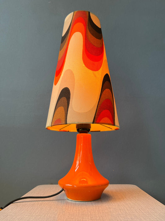 Orange Space Age Table Lamp - Flower Pattern Shade - Ceramic Red Base - Mid Century Lamp
