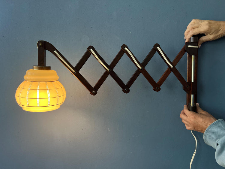 Vintage Glass Shade Teak Wood Scissor Wall Lamp