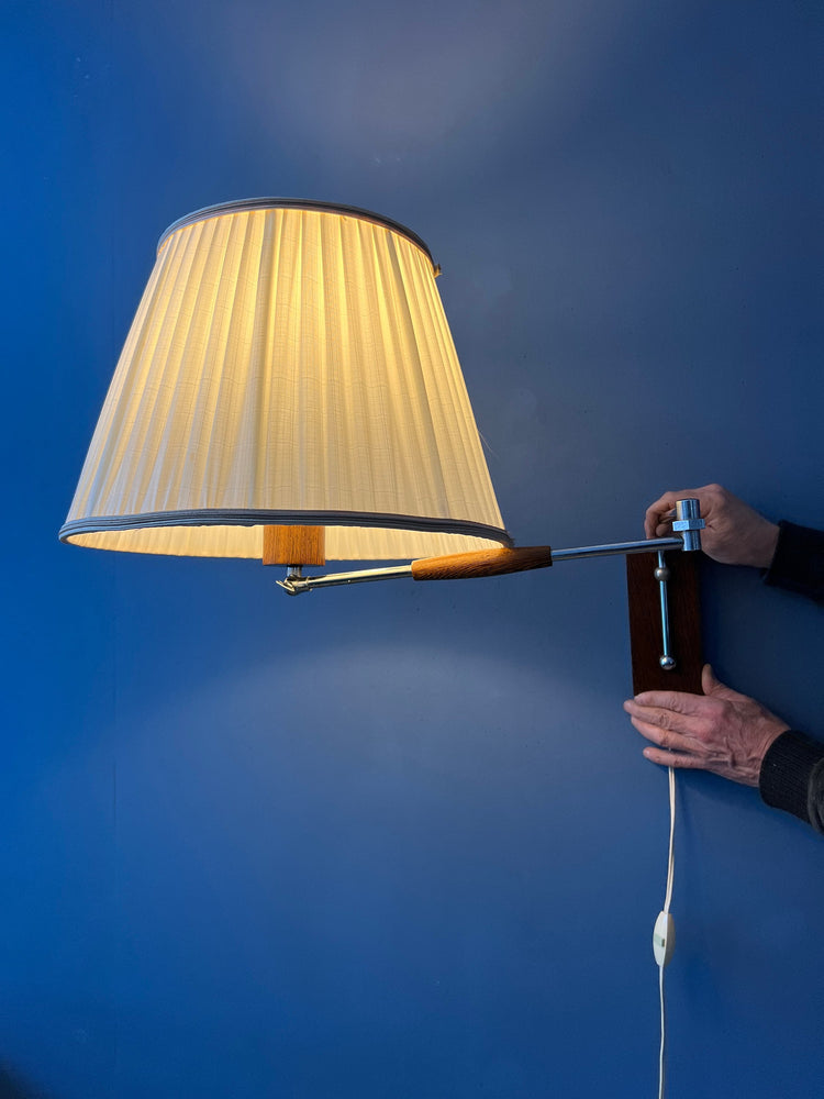 Vintage Teak Wood Mid Century Swing Arm Wall Lamp with Textile Shade