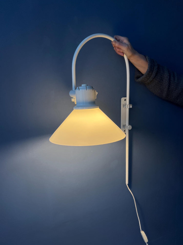 White Mid Century Anvia Arc Wall Lamp with Opaline Glass Shade