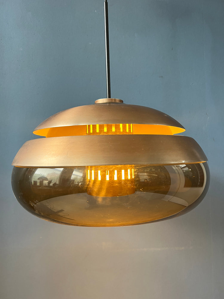 Large Acrylic Glass Space Age Pendant with Aluminium Copper Coloured Caps