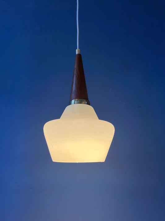 Small Danish Teak Wood Opaline Glass Pendant Light