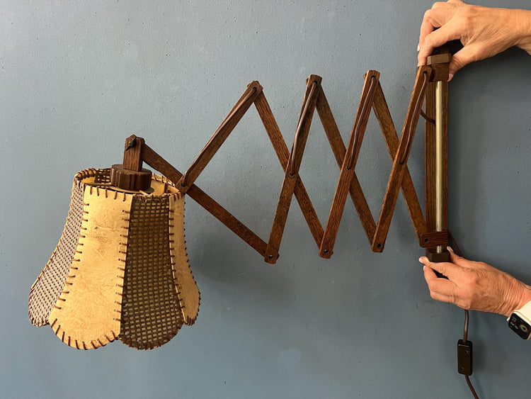 Vintage Teak Wood Scissor Wall Lamp with Traditional Fabric Shade