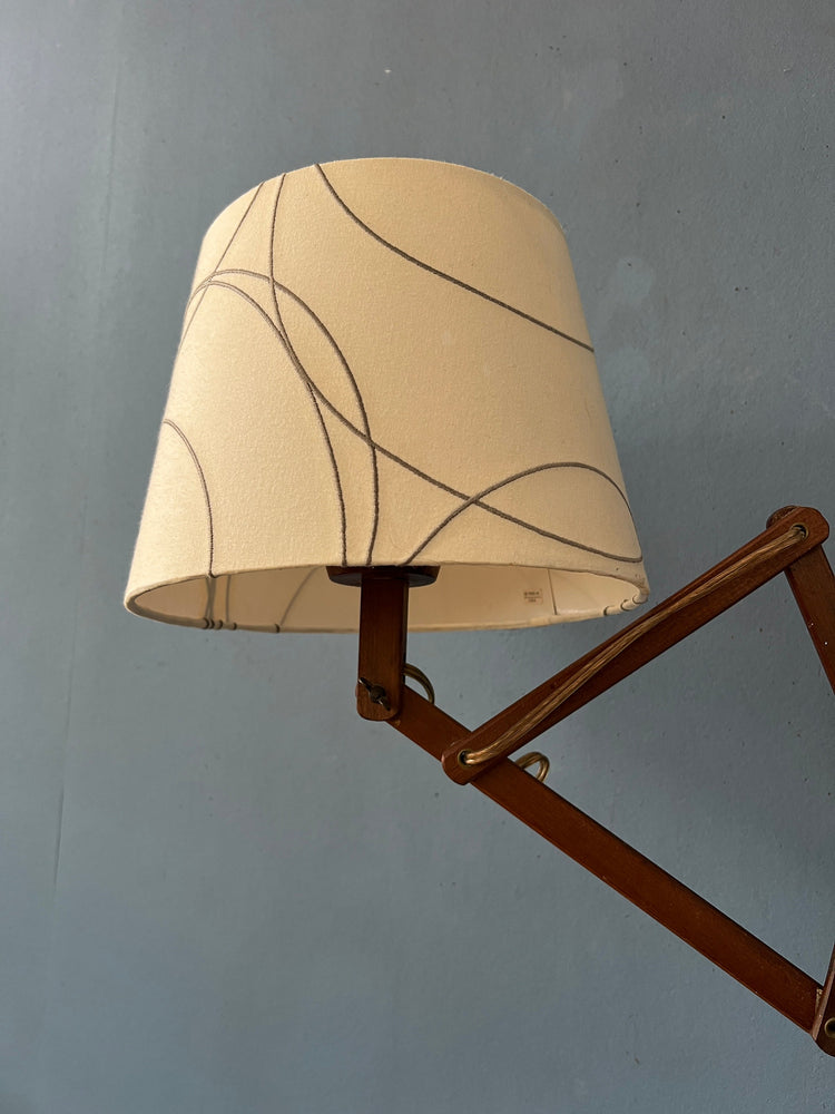 Danish Style Teak Wood Scissor Wall Lamp with Beige Shade and Black Decorative Pattern