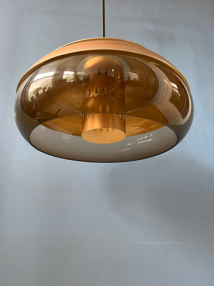 Large Acrylic Glass Space Age Pendant with Aluminium Copper Coloured Caps