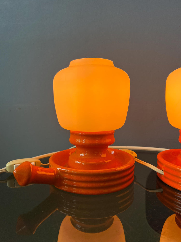 Vintage Set (2) of Orange Ceramic Opaline Glass Table Lamps