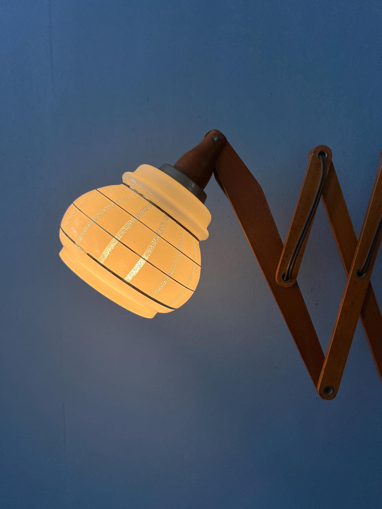 Teak Wood Scissor Wall Lamp with Glass Shade