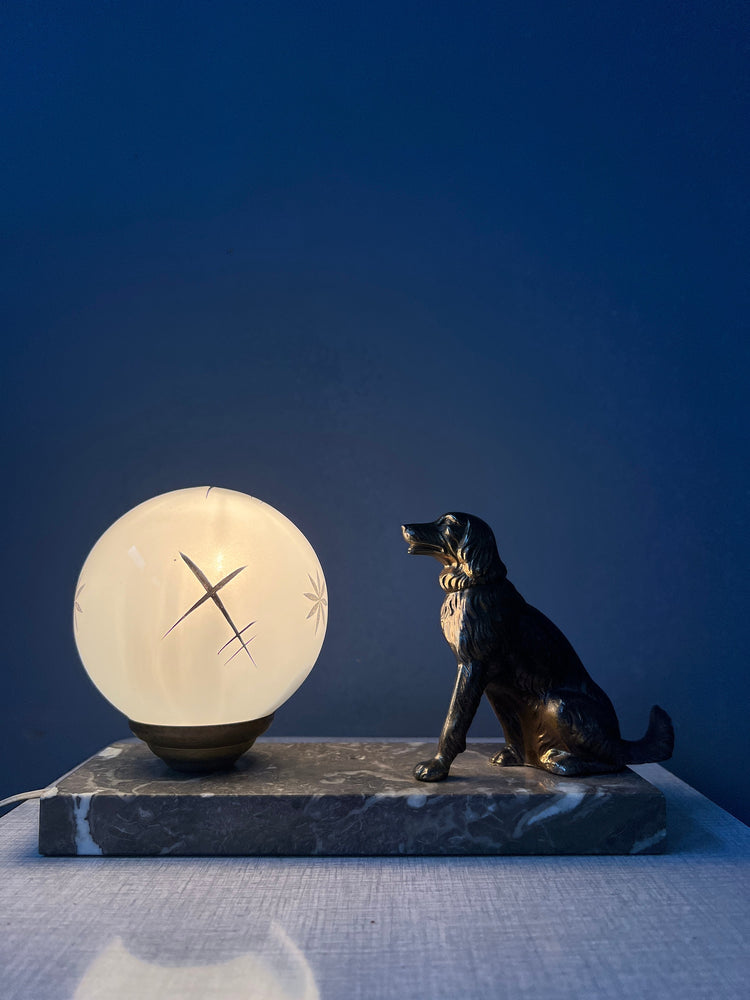 Art Deco Table Lamp with Opaline Glass Moon Shade and Dog Figure