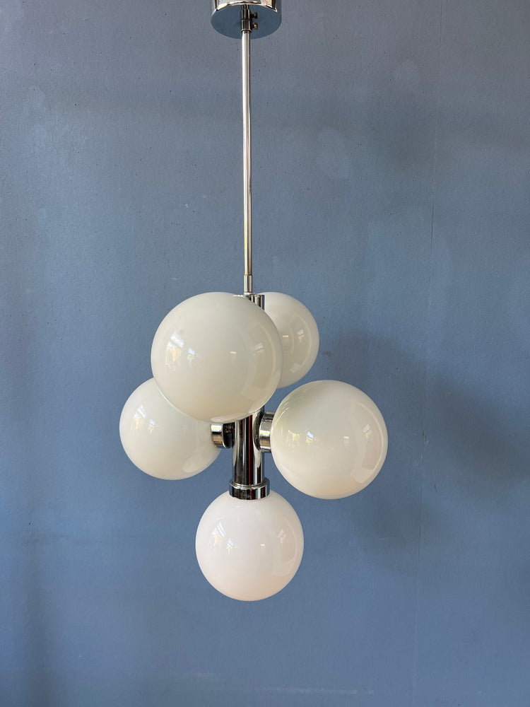 70s Sputnik Chandelier - Chrome Space Age Pendant Lamp - Opaline Glass Light Fixture