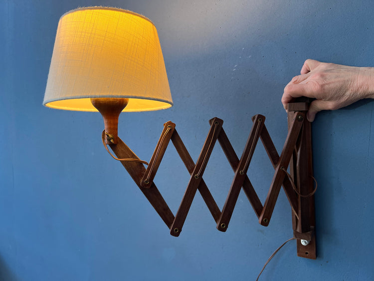 Mid Century Wooden Scissor Wall Lamp with Beige Shade