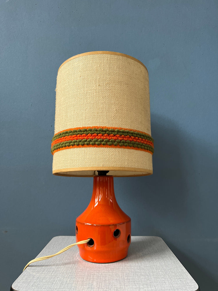 Orange Ceramic Table Lamp - Space Age Desk Light - Textile Shade - 70s Lighting