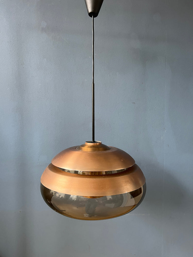 Large Acrylic Glass Space Age Pendant with Aluminium Copper Coloured Caps