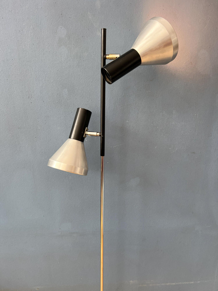 Vintage Black Mid Century Floor Lamp with Two Aluminum Spots