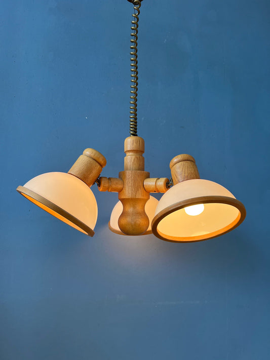 Mid Century Wooden Steinhauer Chandelier Pendant Lamp with Three Plexiglass Shades