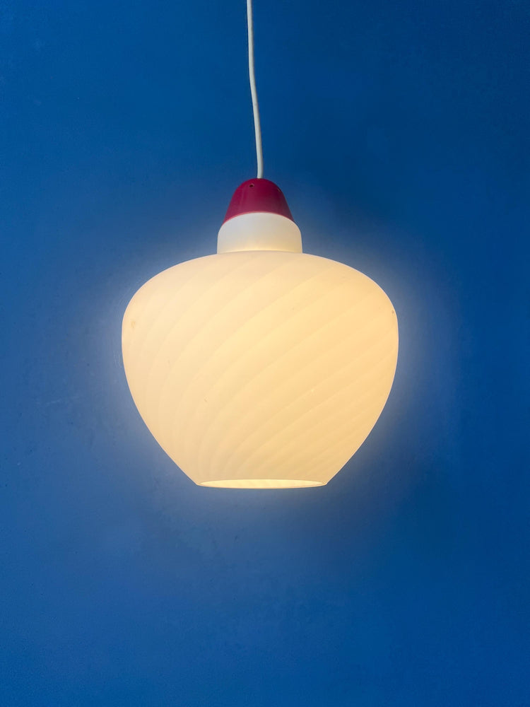 Mid Century Milk Glass Pendant Lamp with Red Top and Ceiling Cap