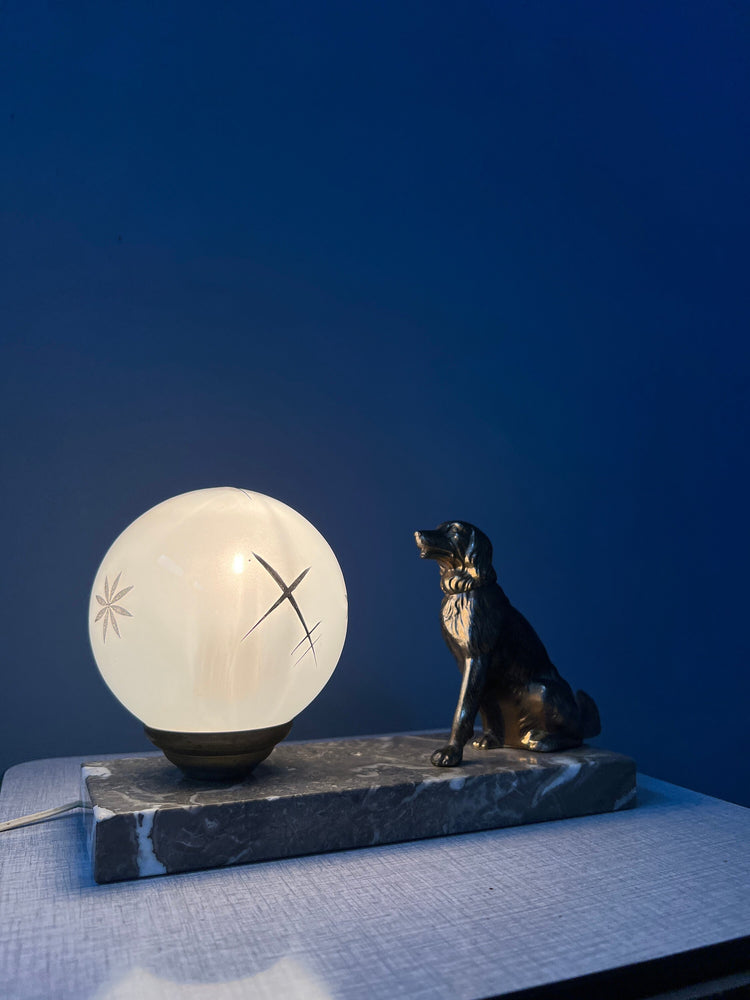 Art Deco Table Lamp with Opaline Glass Moon Shade and Dog Figure