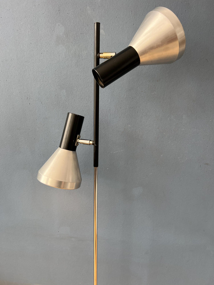 Vintage Black Mid Century Floor Lamp with Two Aluminum Spots