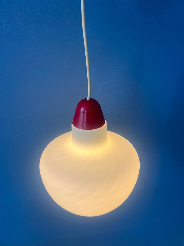 Mid Century Milk Glass Pendant Lamp with Red Top and Ceiling Cap