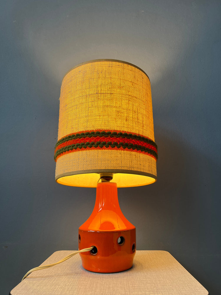 Orange Ceramic Table Lamp - Space Age Desk Light - Textile Shade - 70s Lighting
