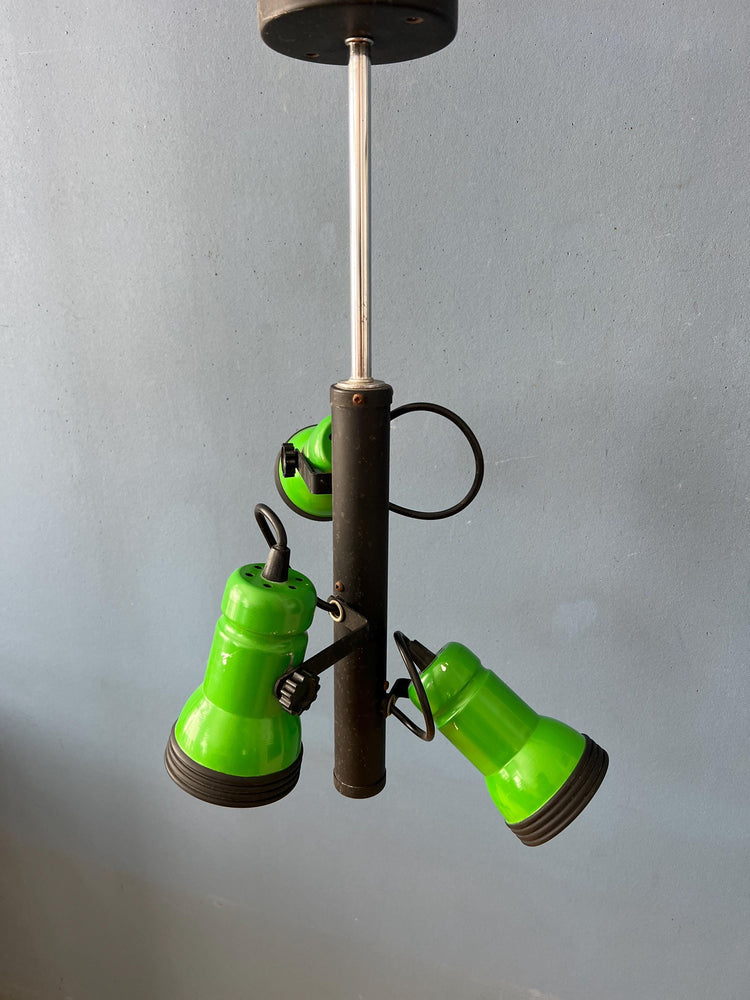 Vintage Downrod Ceiling Lamp with Three Green Spots