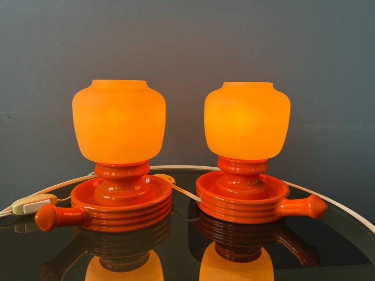 Vintage Set (2) of Orange Ceramic Opaline Glass Table Lamps