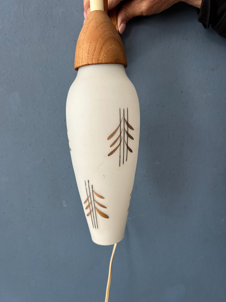 Mid Century Opaline Glass Teak Wood Rod Wall Lamp