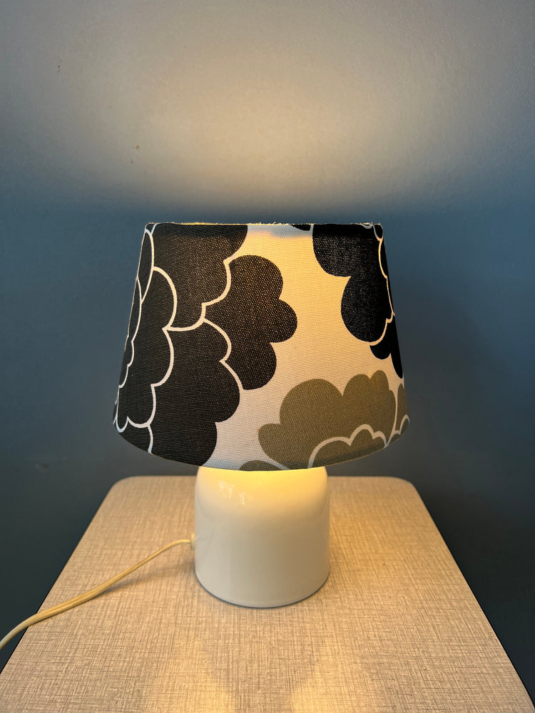Small Space Age Table Lamp with Porcelain Base and Black and White Flower Shade