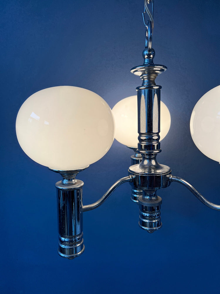 Mid Century White Opaline Glass Chandelier with Chrome Frame