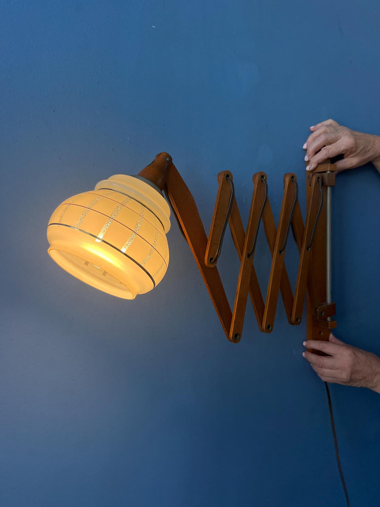 Teak Wood Scissor Wall Lamp with Glass Shade
