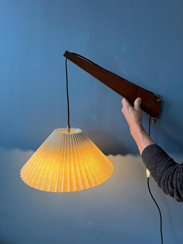 Mid Century Teak Wood Fishing Rod Wall Lamp with Pleated Shade