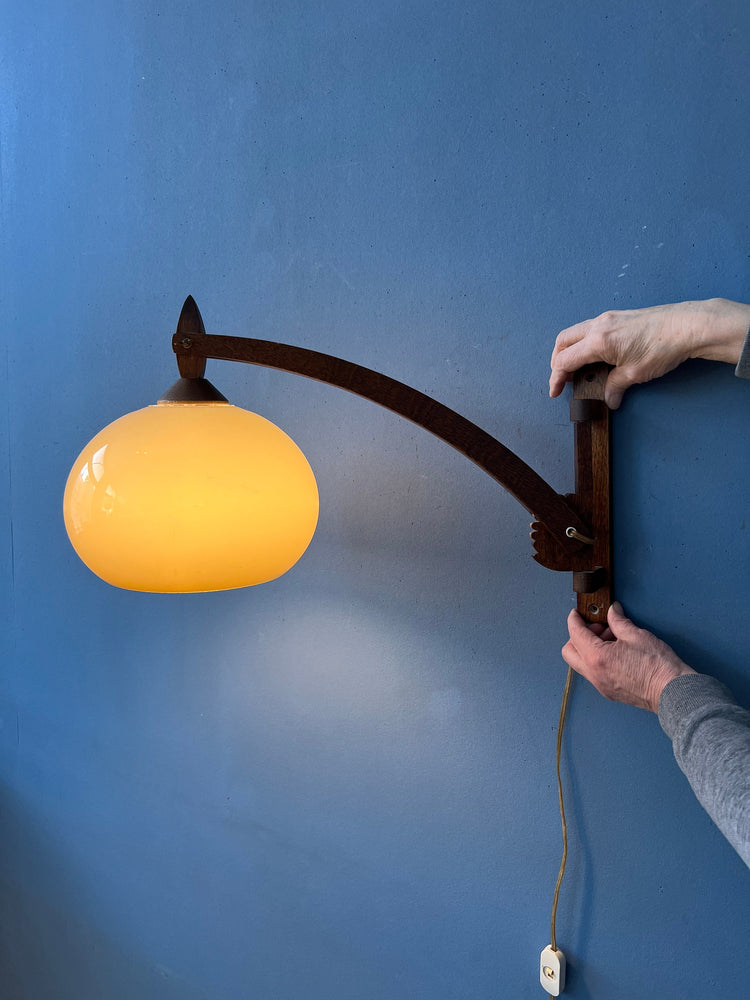 Mid Century Teak Wood Boomrang Wall Lamp with Mushroom Shade