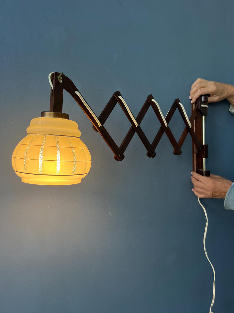Vintage Glass Shade Teak Wood Scissor Wall Lamp