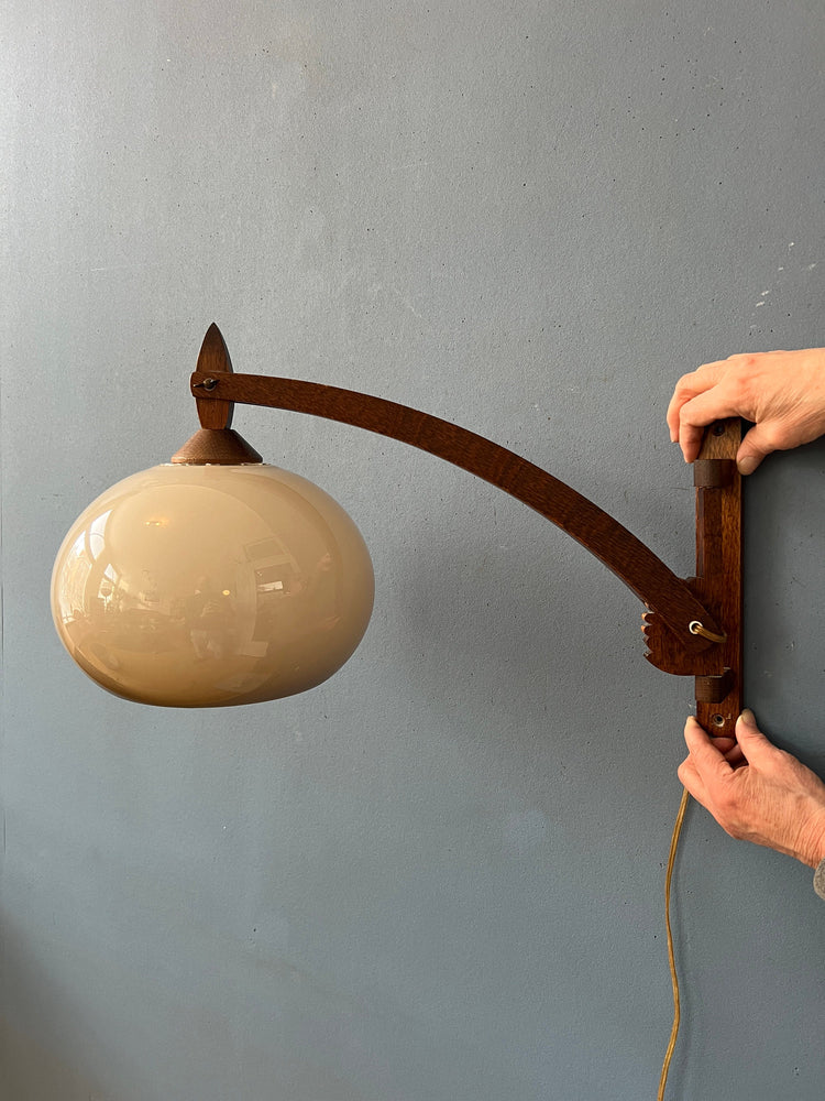 Mid Century Teak Wood Boomrang Wall Lamp with Mushroom Shade