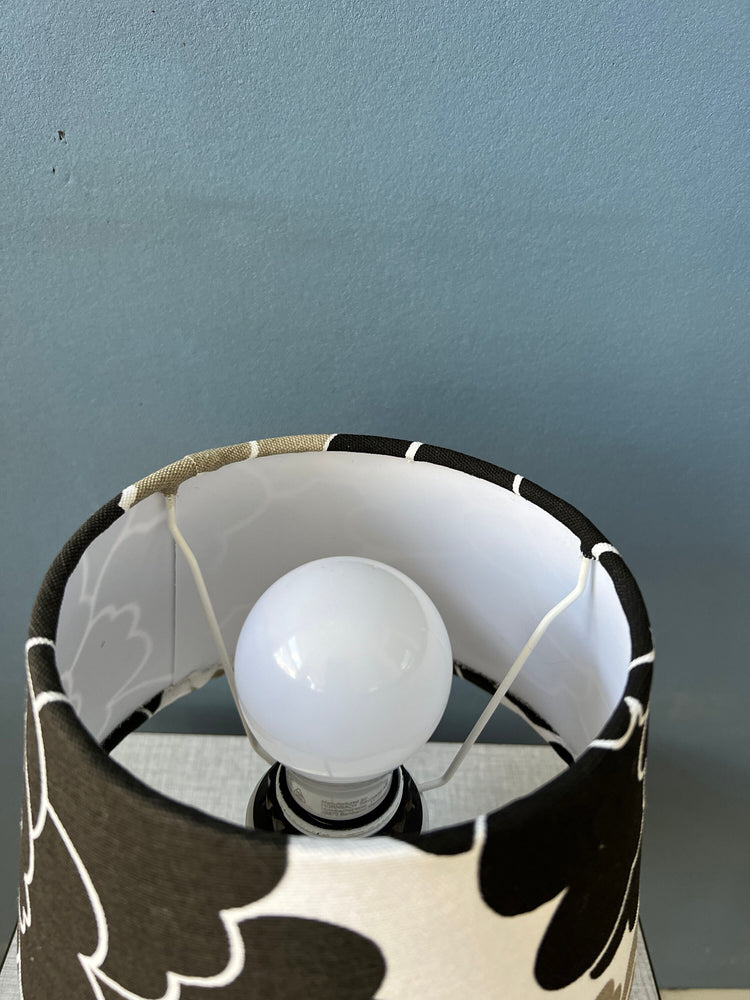 Small Space Age Table Lamp with Porcelain Base and Black and White Flower Shade