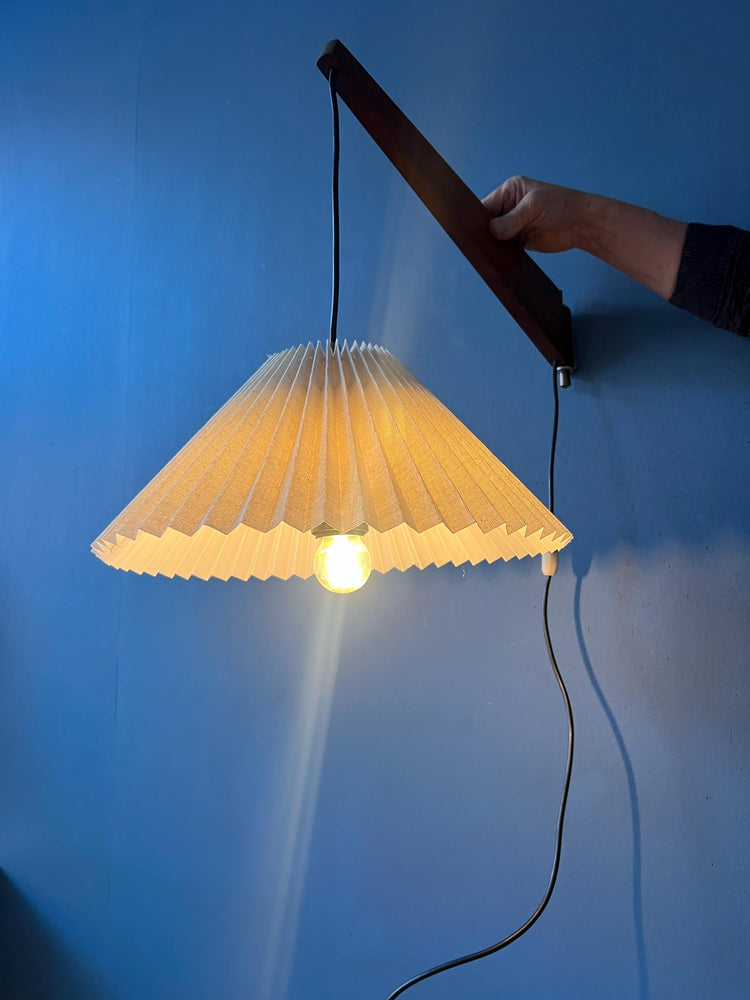 Mid Century Teak Wood Fishing Rod Wall Lamp with Pleated Shade