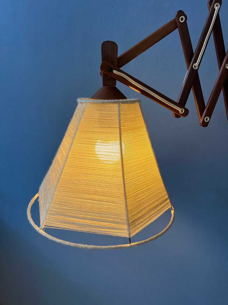 Vintage Wooden Scissor Wall Lamp with Rope Shade
