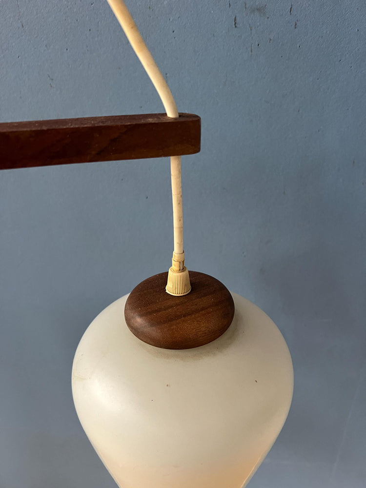 Danish Teak wood Cascade Pendant Lamp with Three Opaline Glass Shades