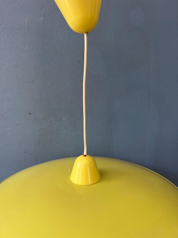 Mid Century Opaline Glass Pendant Lamp with Yellow Metal Shade