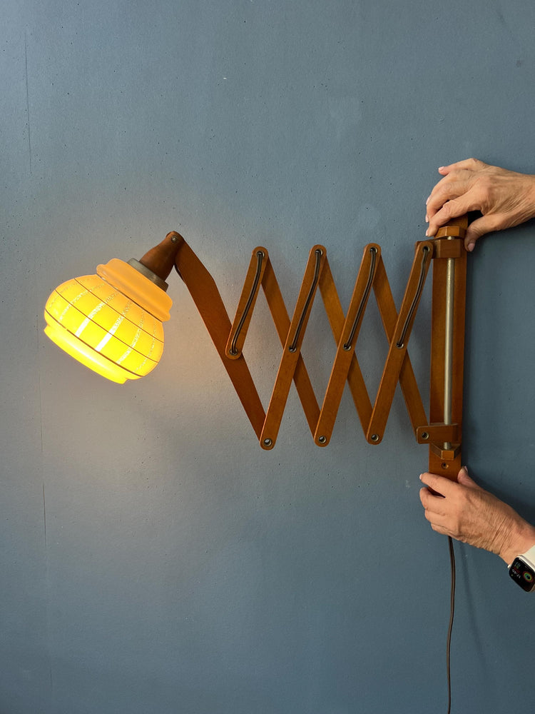 Teak Wood Scissor Wall Lamp with Glass Shade
