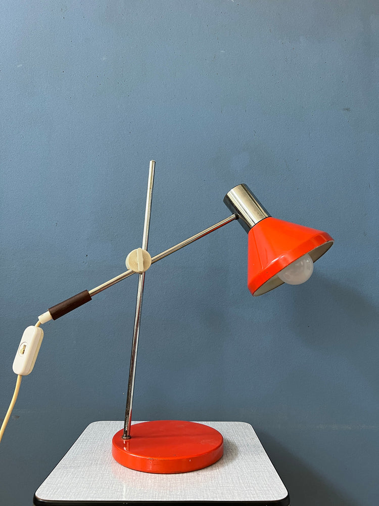 Red Mid Century Desk Lamp - Swing Arm Table Lamp - Chrome Space Age Light
