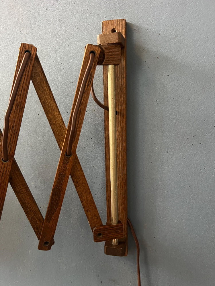 Vintage Teak Wood Scissor Wall Lamp with Traditional Fabric Shade