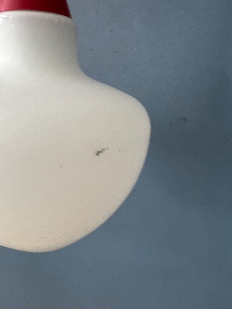 Mid Century Milk Glass Pendant Lamp with Red Top and Ceiling Cap