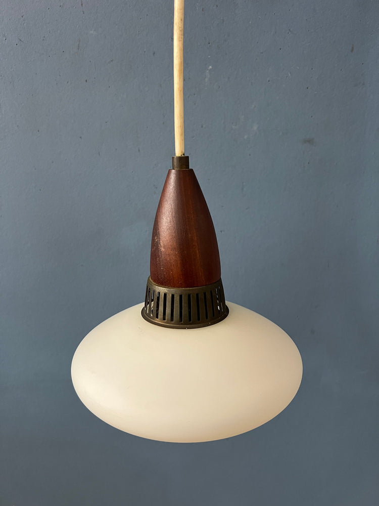 Small Mid Century Teak Wood Opaline Glass Pendant Lamp